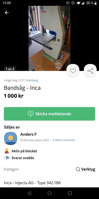 Inca bandsåg placerad i arbetsmiljö till salu.