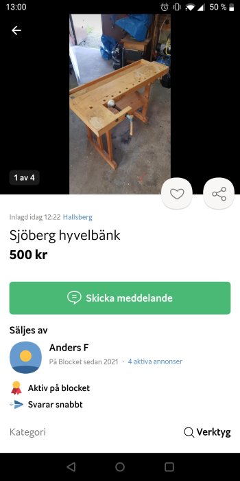 Begagnad Sjöberg hyvelbänk till salu i en garageverkstad.