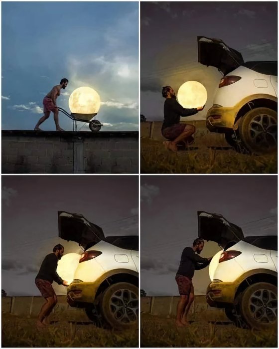 Man i tre paneler som använder fullmånen som bilens reservhjul; på första bilden kör han skottkärra på mur.