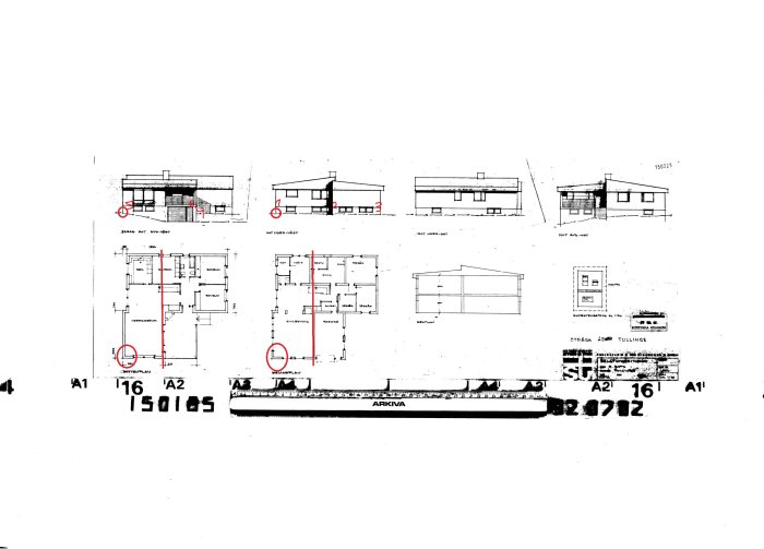 Arkitektritningar med fasader och planlösningar för ett enfamiljshus, markerade med röda cirklar och siffror.