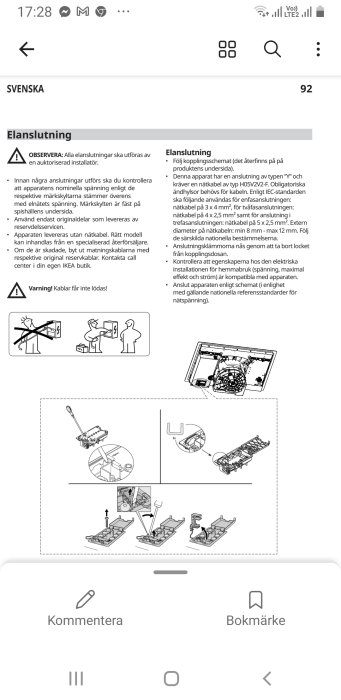 Illustrationer av instruktioner för elanslutning inklusive varningstexter och steg-för-steg-diagram.