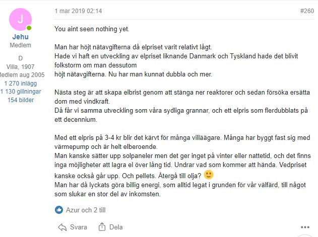 Skärmdump av ett foruminlägg med text om elpriser och energistrategier, skrivet av användaren Jehu.