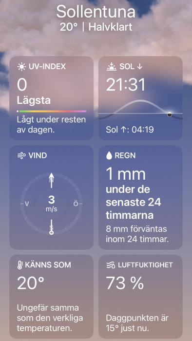 Skärmdump av väderapp som visar 20 grader, 73% luftfuktighet och risk för regn i Sollentuna.