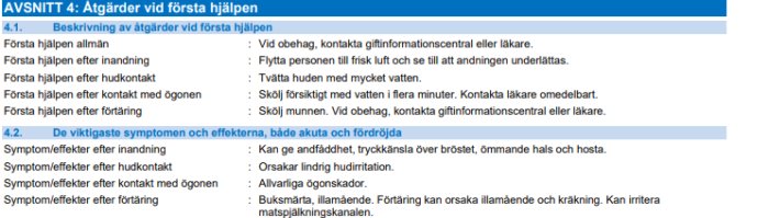 Säkerhetsdatablad med instruktioner för första hjälpen angående användning av MCPA 750 herbicid.