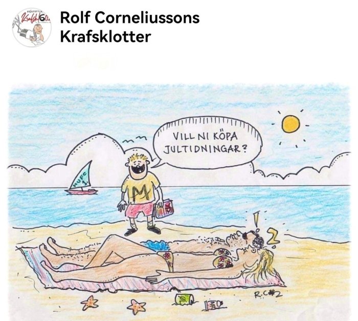 Illustration av två personer på en strand där en försäljare frågar en solande person om de vill köpa jultidningar.