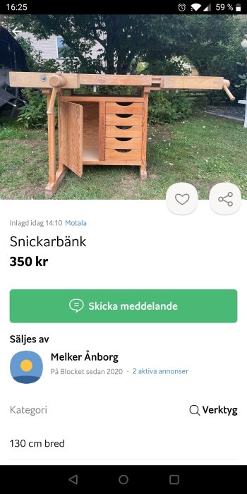 Träsnickarbänk med lådor utomhus, till salu för 350 kr.