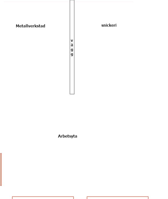 Schematisk ritning av ett garage uppdelat i metallverkstad, snickeri och arbetsyta.