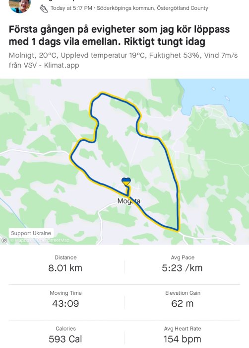 Kartskärmklipp som visar löprutt på 8,01 km markerad med en blå linje, statistik för tempo, tid och puls listas under.