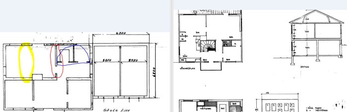 Arkitektritningar av en husplan med markerade områden som indikerar föreslaget renoveringsprojekt.