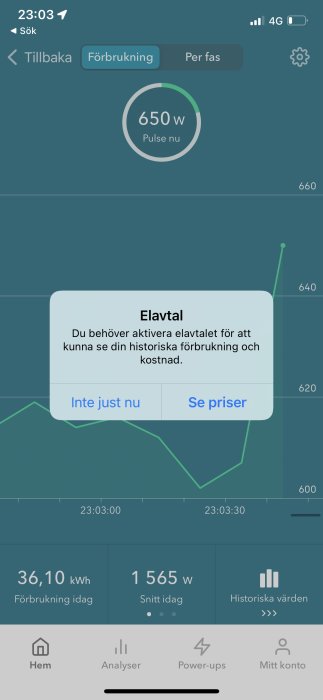 Skärmbild av Tibbers app visar realtids elförbrukning på 650 watt och dagens förbrukningsdata.