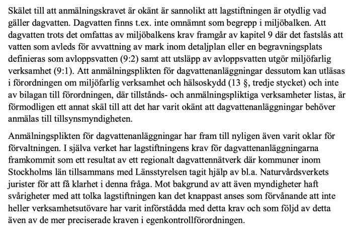 Dokument med text om dagvattenhantering och lagkrav, med fokus på anmälningsplikt och miljölagstiftning.