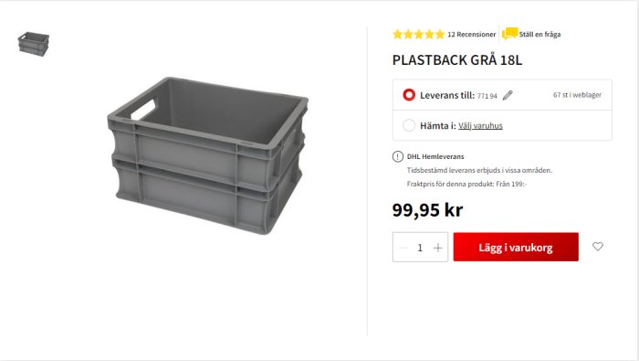 Grå plastback av typen PLASTBACK GRÅ 18L från Bauhaus, prisangivelse och köpknapp synlig.