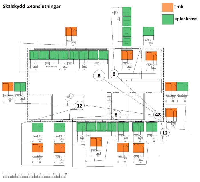 Skiss över planerat skalskydd för larm med 24 anslutningar, inklusive sensorer, motstånd och ledningsvägar.