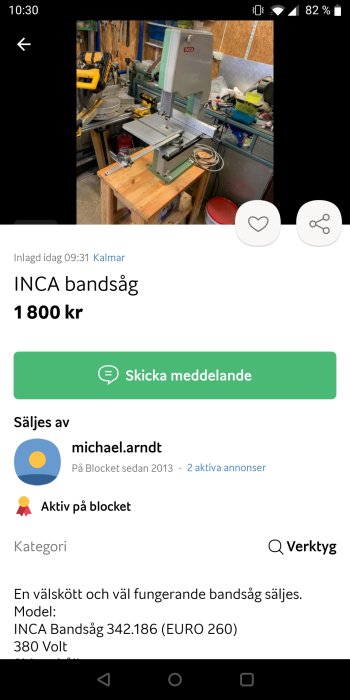 INCA bandsåg modell 342.186 i en verkstadsmiljö med andra verktyg i bakgrunden.