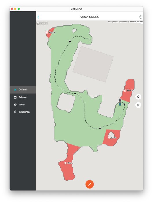 Karta över gräsmatta med zoner för robotgräsklippare, inklusive begränsningar och klippområden.