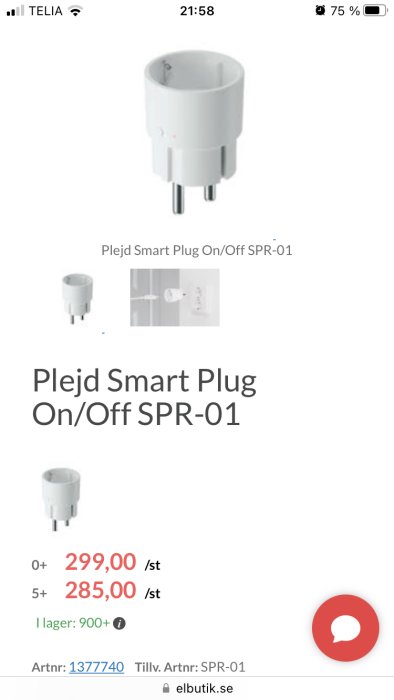 Skärmdump av Plejd Smart Plug SPR-01 med priser från onlinebutik.