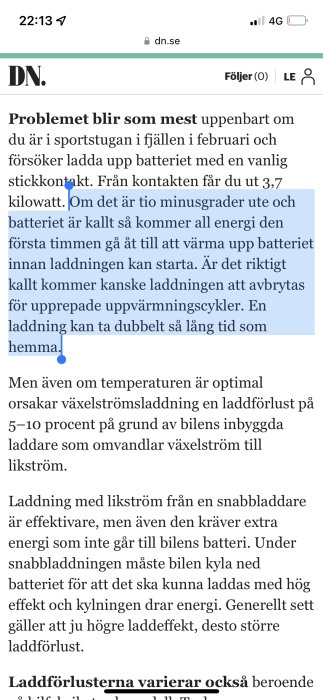 Skärmbild av en artikel om laddförluster vid elbilsladdning med text om effekter av kyla på laddningstid.