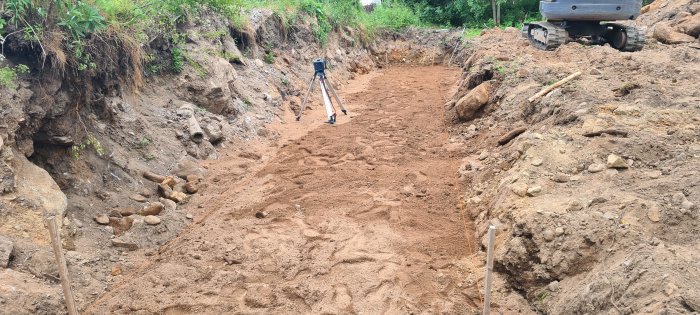 Grundarbete med dränsand i grävd ränna med fördelningsbrunn, nivåmätningsinstrument och grävmaskin i bakgrunden.