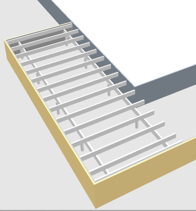 3D-modell av en träregelstomme för byggprojekt, utan pålägg eller väggar.