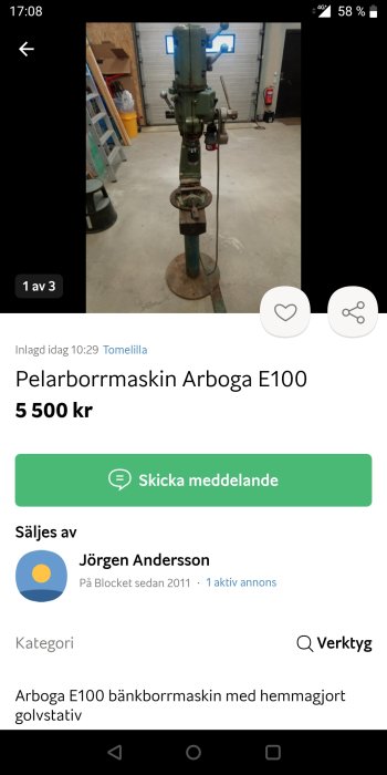 Arboga E100 pelarborrmaskin med hemmagjort golvstativ i en verkstadslokal.