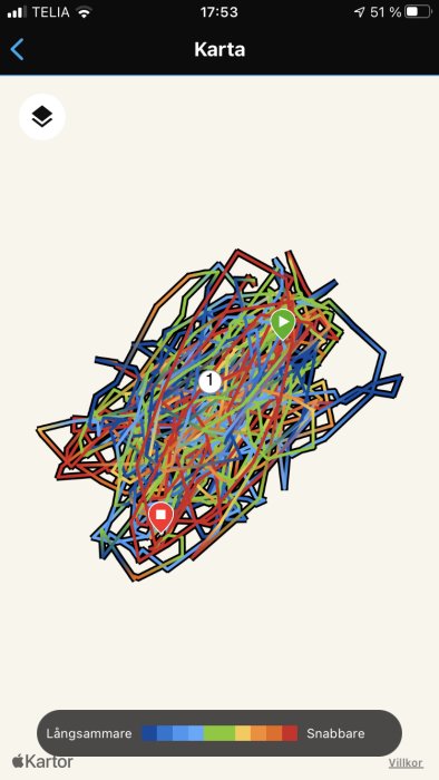 Skärmavbild av en GPS-kartspårning med färgkodad rutt som visar hastighetsvariationer.