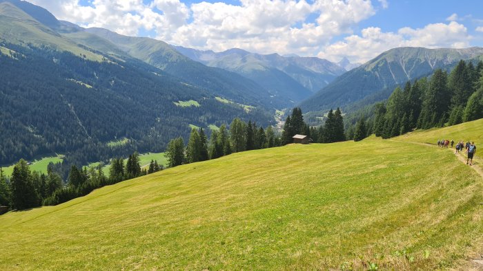 Grupp vandrare på en stig längs gröna bergssluttningar under en klarblå himmel.