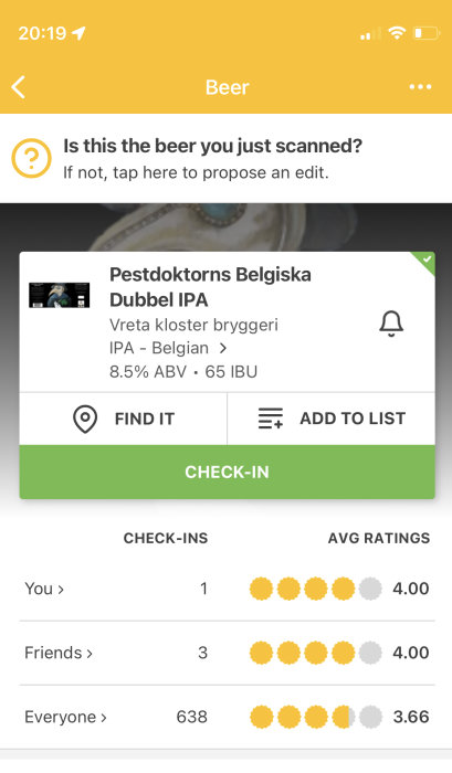 Skärmdump av mobilapp som visar information om Pestdoktorns Belgiska Dubbel IPA från Vreta kloster bryggeri.