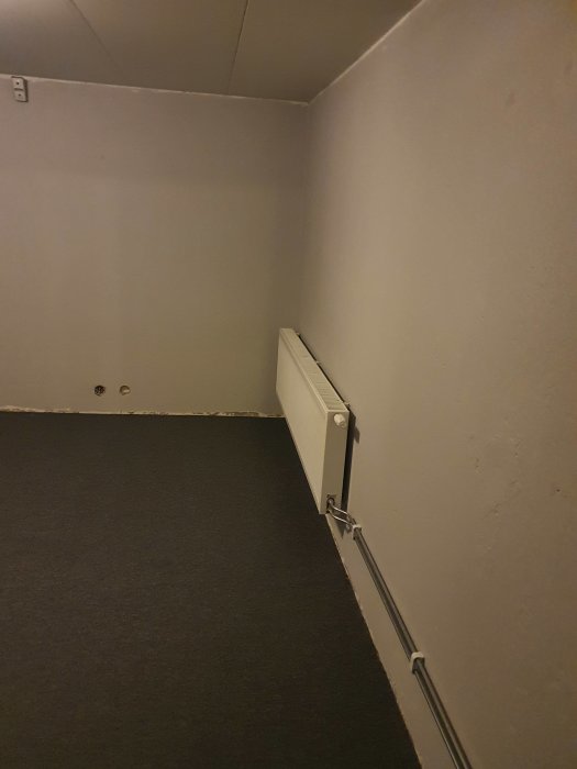 Renoverad källare med ny radiator, grå väggar och svart golv, samt vägguttag och luftventil.