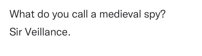 Text på vit bakgrund med skämtet "What do you call a medieval spy? Sir Veillance.