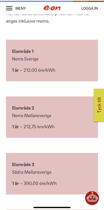 Skärmdump från E.ONs webbplats som visar fasta elpriser för olika elområden i Sverige.