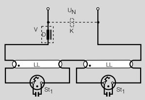 Elektriskt schema som visar seriekoppling av två lysrör och glimtändare.