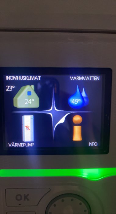 Display på värmepump som visar inomhusklimatet på 24 grader och varmvattnet på 49 grader.