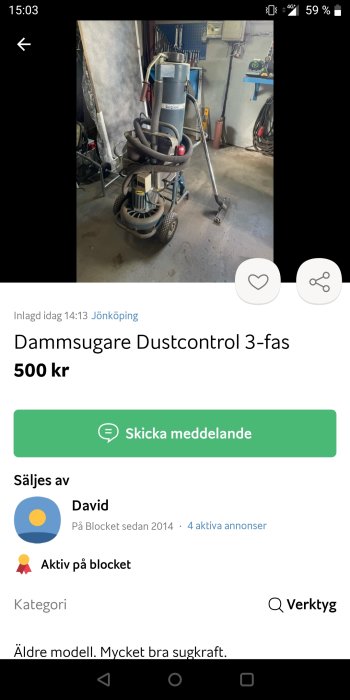 Industriell dammsugare Dustcontrol 3-fas i ett garage, till salu för renoveringsprojekt.