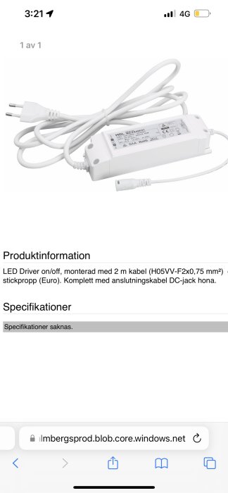 LED-driver med på/av-omkopplare, två meter kabel och europeisk stickpropp, samt DC-jack honkontakt.