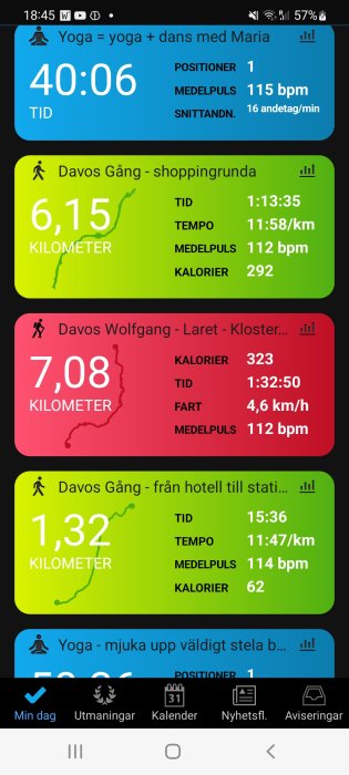 Skärmdump av träningsapp som visar aktivitetsstatistik som yoga och promenader med tid, sträcka och hjärtfrekvens.