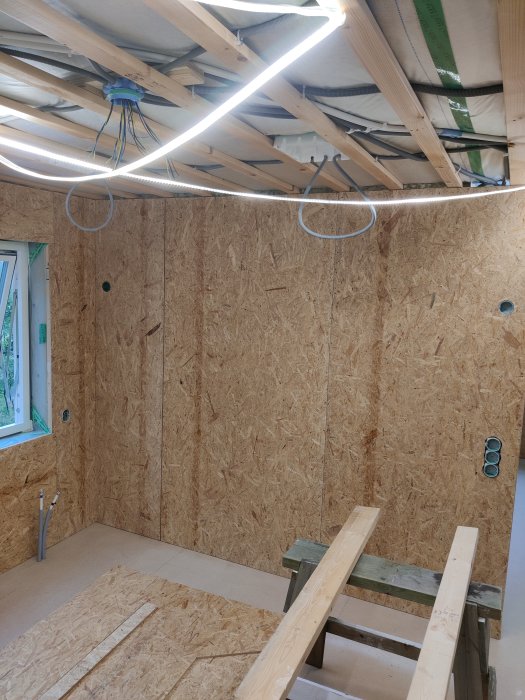 Rum under renovering med OSB-skivor på väggarna, reglar på taket och byggmaterial på golvet.