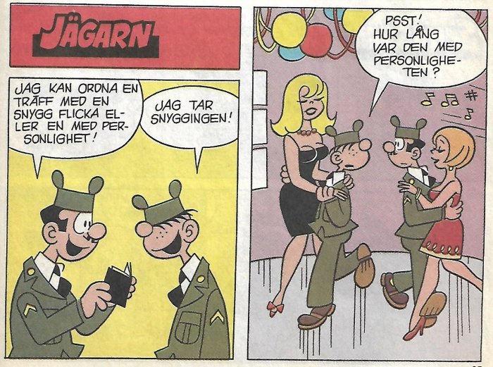 Två serietidningspaneler med manliga figurer i militärklädsel som pratar och dansar med kvinnliga figurer.