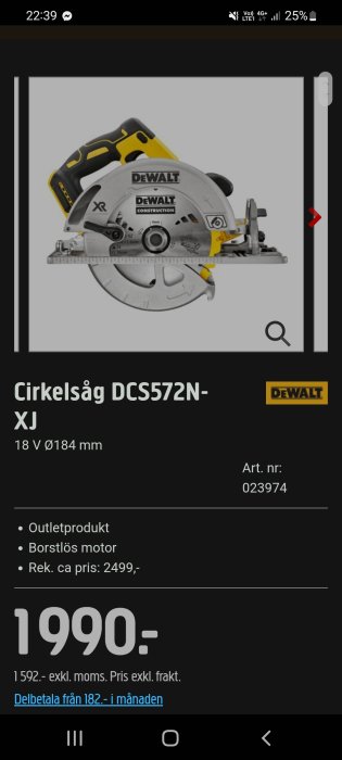 Skärmbild av Jula outlet-webbsida som visar en Dewalt cirkelsåg, modell DCS572N-XJ, med prisinformation.