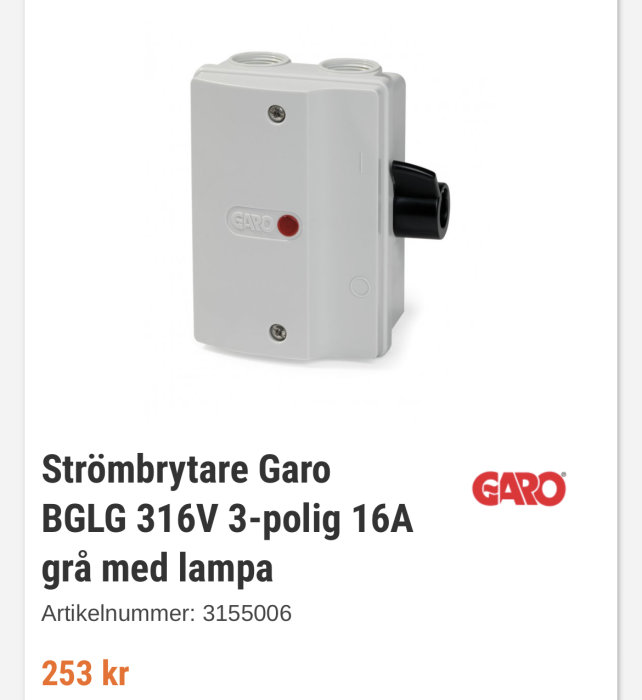 Grå Garo strömbrytare 3-polig 16A med röd indikatorlampa och svart vridreglage.