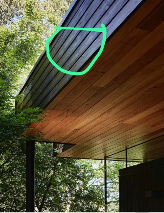 Taklutning med träpanel, markerat område av intresse, omgiven av grönska.