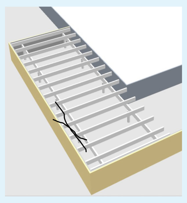 3D-illustration av en byggställning med höga stolpar och en föreslagen diagonal förstärkning.