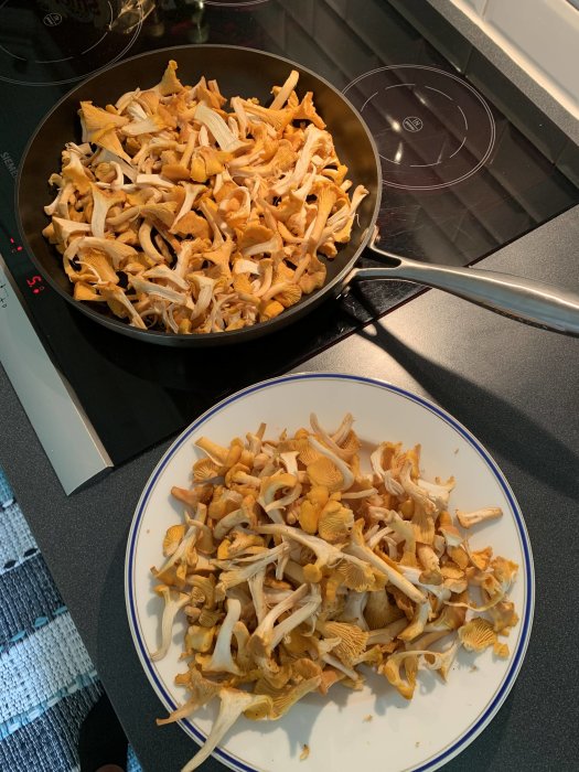 Stekt och färska kantareller på en spishäll och i en tallrik redo för att tillaga lunch.