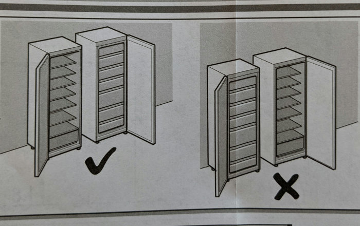 Instruktionsbild som visar korrekt placering av frys till höger om kyl med ett kryss för omvänd ordning.