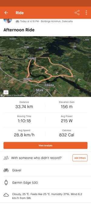 Skärmavbild av cykelturdata och karta med rutten markerad i Borlänge kommun, Dalarna.