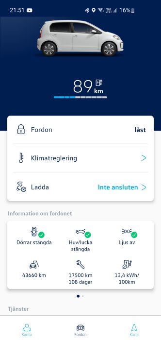 Skärmbild av en elbils app med information om räckvidd, batteriprocent och fordonets status.