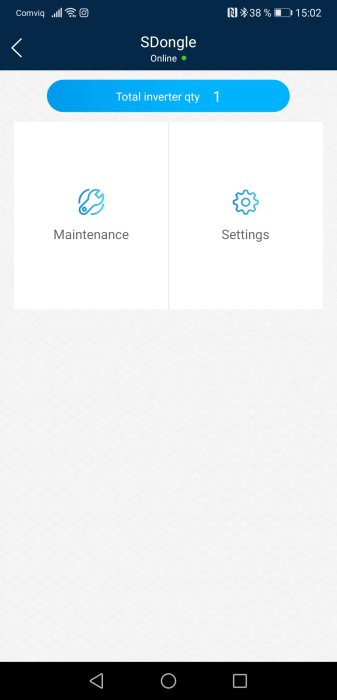 Skärmdump av FusionSolar-app med "Maintenance" och "Settings" som enda tillgängliga alternativ.