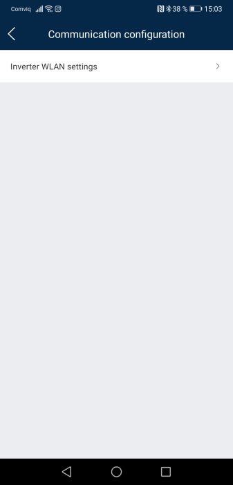 Skärmdump av FusionSolar app visande "Communication configuration" och endast "Inverter WLAN settings".