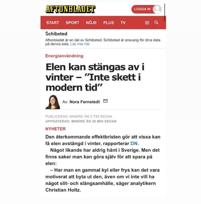 Skärmdump av en artikel på Aftonbladet med rubriken "Elen kan stängas av i vinter – 'Inte skett i modern tid'