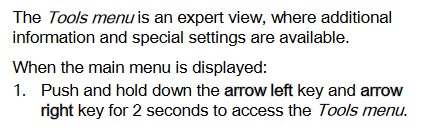 Instruktioner för att komma åt "Tools"-menyn i expertläge, håll ner vänster och höger pilknapp.