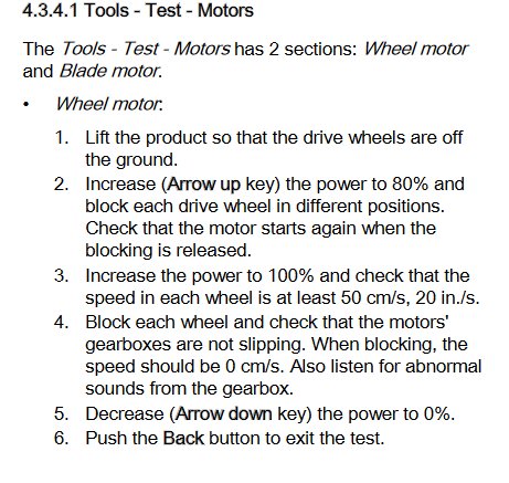 Skärmdump av instruktioner för motor-test i en handbok, med steg för test av hjul- och bladmotorer.